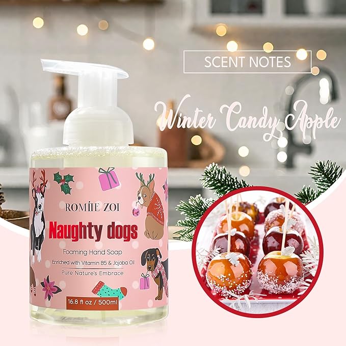 ROMIIE ZOI Christmas Foaming Hand Soap with Gift Box- Naughty Dogs Design, Winter Candy Apple Scented - Holiday Bathroom Soap for Winter Home Decoration and Gifting – 500ml / 16.8oz