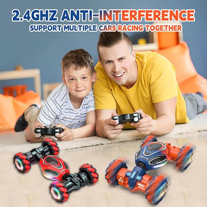 Remote Control Car for Boys - RC Cars for Boy Age 4-12, Gesture Sensing RC Stunt Drift Car for Kids Toys 4 5 6 7 8 9 10 11 12 Year Old Boy Birthday with Cool Lights Music (Orange)