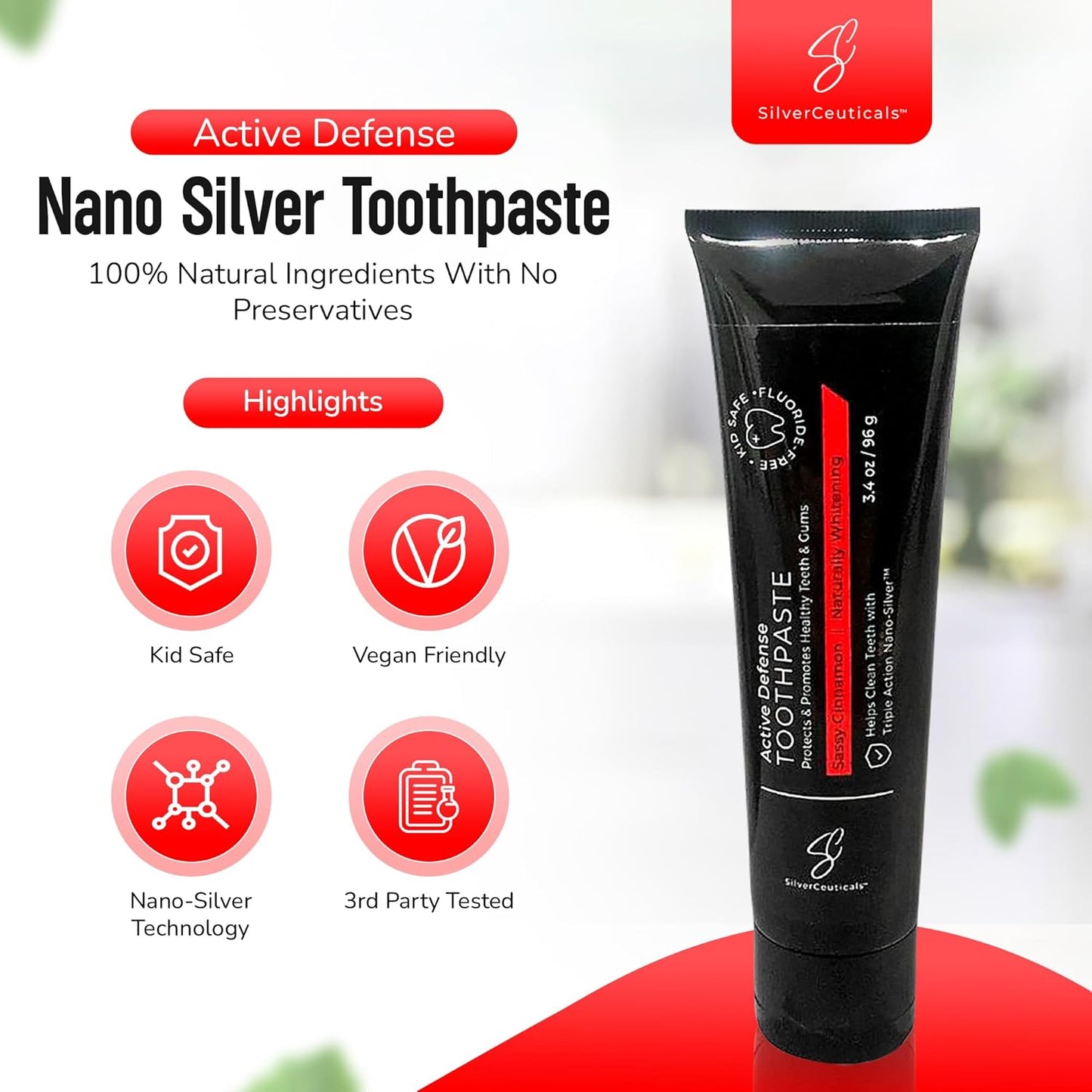 Colloidal Silver Toothpaste - Sassy Cinnamon - Remineralize Tooth Enamel - SLS & Fluoride Free Cavity Protection - Gum Health - Bad Breathe - Gingivitis - Coral Calcium & Xylitol - 3.4oz - Pack of 2