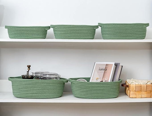 CubesLand Small Cotton Rope Storage Basket Set 5, Shelves Baskets for Organizing with Handle, Decorative Closet Storage Bins for Countertop Toilet Paper Basket for Toilet Tank Top,Green Basket