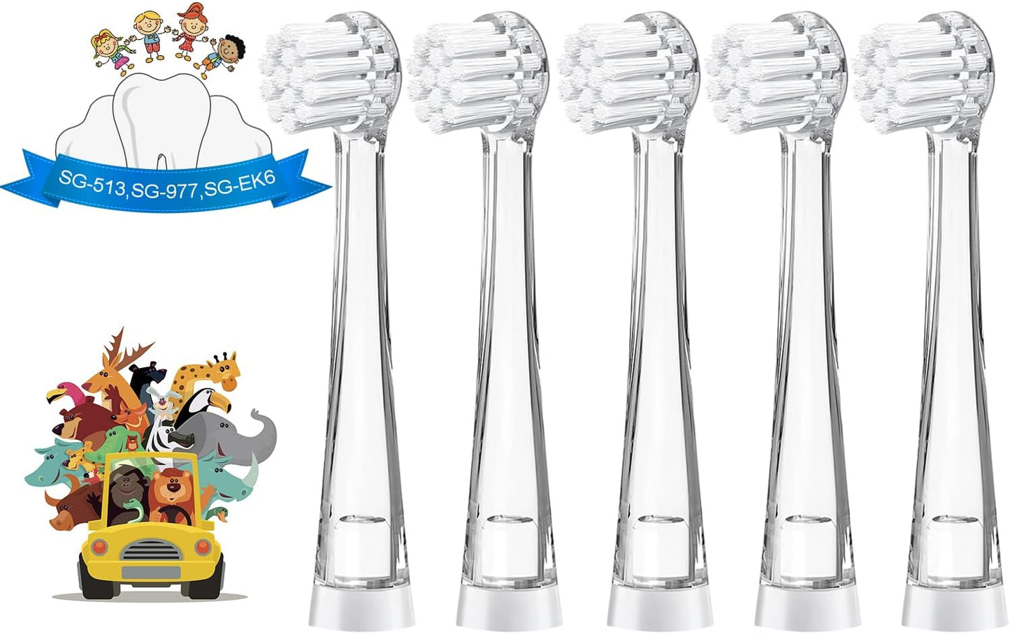 TEETECK 5 Pack Kids Toothbrush Replacement Heads Compatible with SEAGO- 513/977/EK6,Compatible with Brush-Baby WildOnes/KIDZSONIC（Not BabySonic Series）,Compatible with Dada-Tech-BB1/977/K6