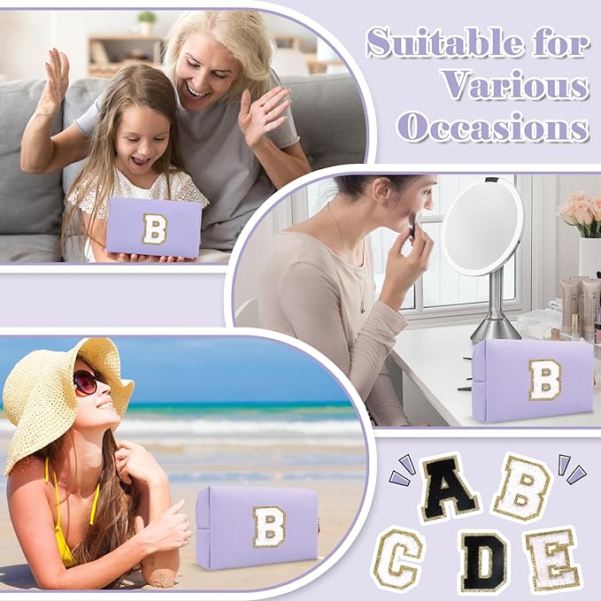 Personalized Makeup Bag Initial A-Z Preppy Patch Bag,Small PU Leather Travel Cosmetic Bag Pouch with Zipper,Purple Cute Toiletry Bag,Gift Ideal for Teen Girls Women Birthday Friend Mom,Latter B