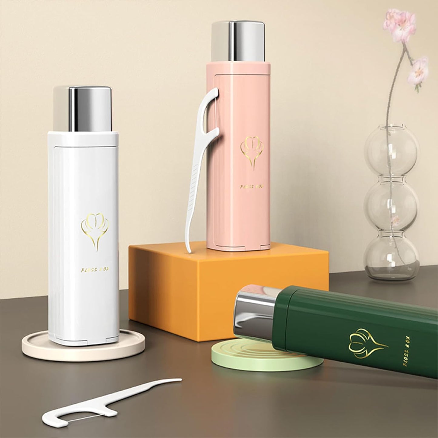 Compact Portable Dental Floss Picks Box/Dispenser, for Go Out,for Travel, Contains 100 Refills for Floss Picks (Forest Green)