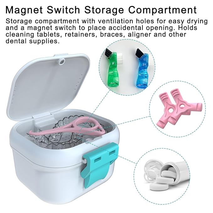 ARGOMAX Leak Proof Denture Bath Cup, Portable Soaking Denture Box, Denture Bath Case with Strainer, for Dentures and Braces, Upgraded Version with Storage Compartment (White + Cyan).