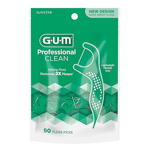 GUM Professional Clean Floss Picks - Extra Strong Shred-Resistant Floss, Easy Grip Handle - Dental Flossers for Adults - Fresh Mint Flavor, 90 Count (Pack of 3)