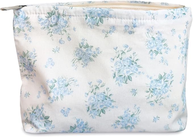 STARDW Aesthetic Floral Makeup Bag Cute Small Cosmetic Bags for Women Girls, Travel Toiletry Bag Large Capacity Zipper Makeup Pouch, Purse Organizer Pouches (Flowers Blue)