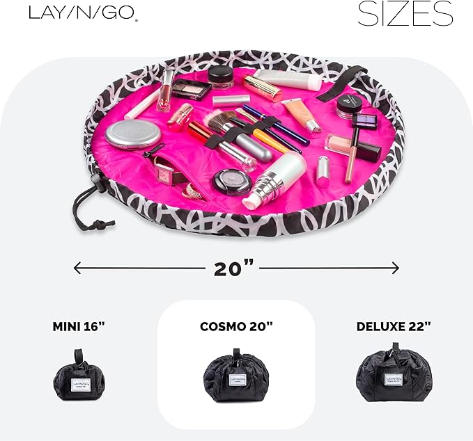 Lay-n-Go Cosmo Layflat Drawstring Cosmetic & Makeup Bag Organizer w/Zipper Pocket, Brush Loops & More, Cinch to Close, Lay Flat to Use, Durable, Machine Wash, Travel Toiletry Bag (20", Black/White)