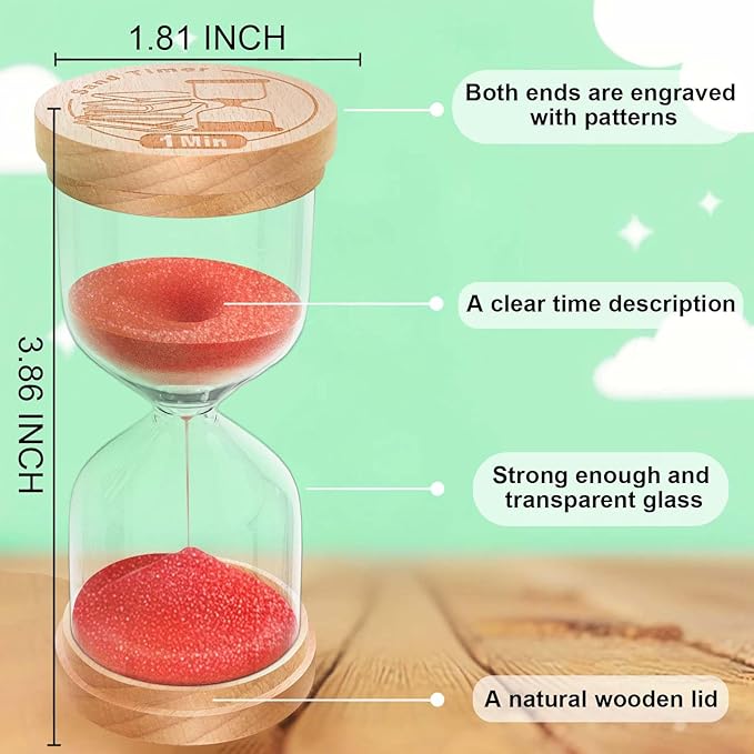 2 Minute Sand Timer, Wooden Hourglass Sand Clock, Small Wood Red 2 Min Hour Glass, Two Minutes Sandglass for Brushing Teeth, Reloj De Arena, Classroom, Game, Kitchen, Home, Office