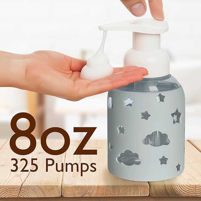 SoCal Suds & Company Glass Foaming Hand Soap Dispenser, Soft Grip Silicone Sleeve, Refillable Pump Bottle for Kids, Baby Wash & Shampoo, Ideal for Home Use, Light Grey 8oz