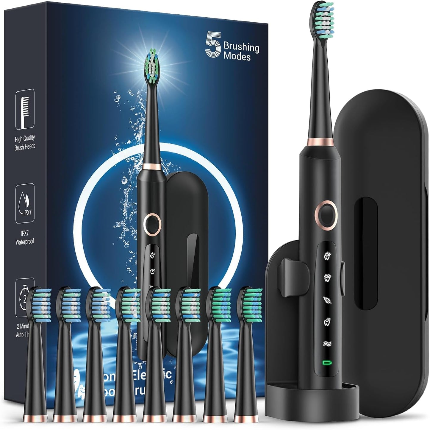 Rtauys Electric Toothbrush for Adults, 8 Brush Heads & Travel Case,5 Modes with 2 Minutes Built in Smart Timer, One Charge for 120 Days, 41000 VPM Motor (Black)