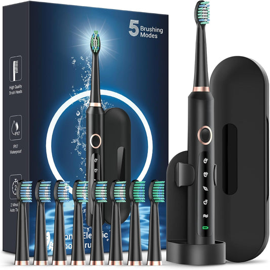 Rtauys Electric Toothbrush for Adults, 8 Brush Heads & Travel Case,5 Modes with 2 Minutes Built in Smart Timer, One Charge for 120 Days, 41000 VPM Motor (Black)