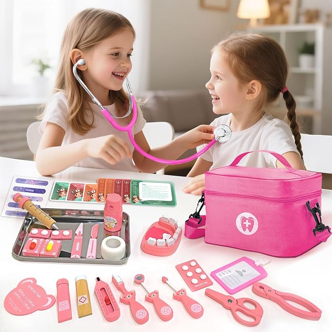 Doctor Kit for Kids Girls, Wooden Kids Dentist Play Set, Doctor Play Set Pretend Play Toys for Toddlers 3-5 , Realistic Wooden Medical Kit Role Play Set, Gifts for Boys Girls 3+ Years