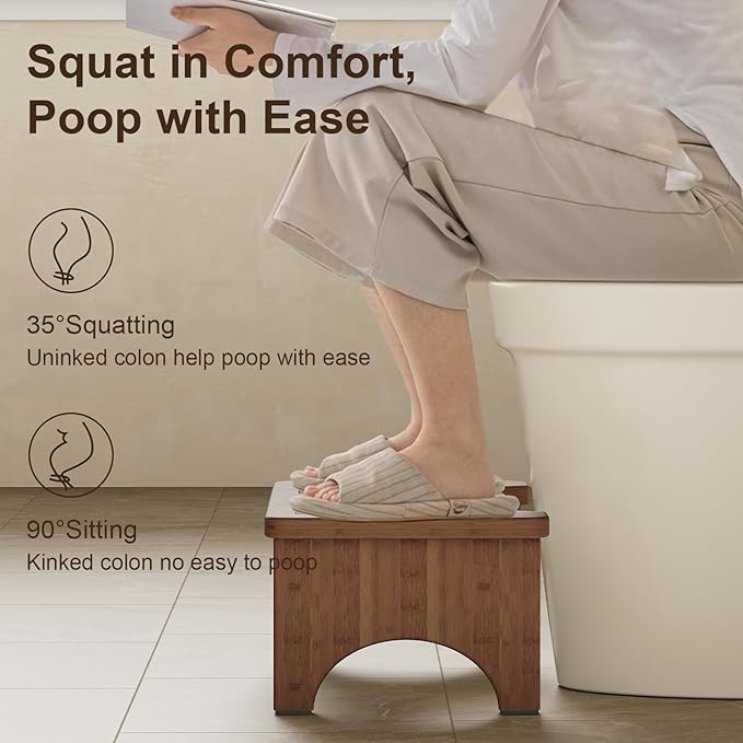 Toilet Stool Poop Stool, Collapsible Squatting Potty for Adults & Kids, Wooden Bamboo Step Stool for Bathroom, 7 Inch Height Foldable Pooping Toilet Foot Stool, Brown