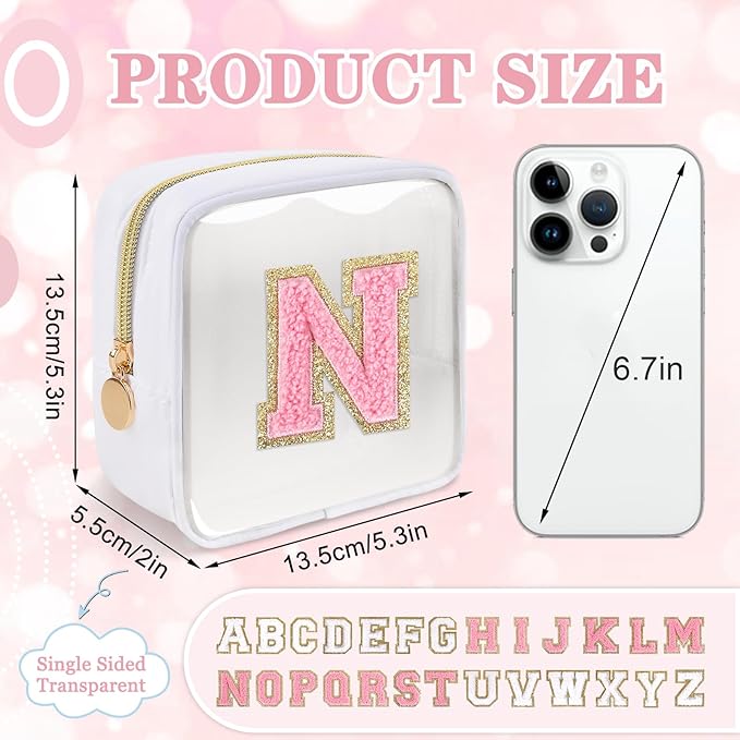 Mini Clear Personalized Initial Makeup Bag,Nylon Preppy A-Z Chenille Letter Patch Zipper Cosmetic Bag, Small Cute Beach Pouch Travel Purse Sanitary Napkin Storage Bag for Women Girls(White-Pink N)