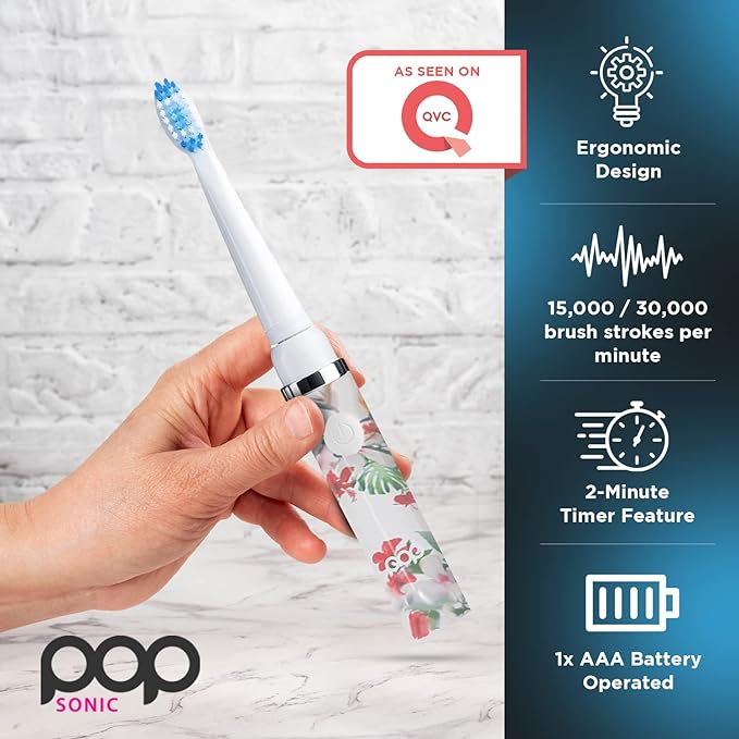 Pop Sonic Electric Toothbrush (White Floral) - Travel Toothbrushes w/AAA Battery | Kids Electric Toothbrushes with 2 Speed & 15,000-30,000 Strokes/Minute, Dupont Nylon Bristles