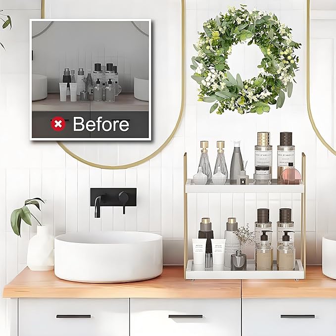 Bathroom Countertop Organizer, Counter Organizer for Modern Farmhouse Decor, Wooden Vanity Shelf for Makeup Storage, 2 Tier Stand Bathroom Tray for Perfume, Lotion Bottle, Toiletries, Plants