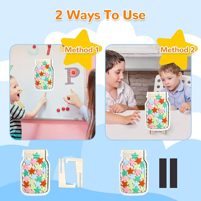 Reward Jar for Kids – Magnetic Wooden Behavior Chart and Incentive Jar with 25 Tokens, Stickers, Stand & Magnet – Positive Reinforcement Tool for Home, Toddlers or Classroom (Star – V2)