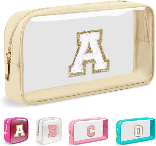 Small Clear Personalized Initial Makeup Bag,Nylon Preppy A-Z Chenille Letter Patch Cosmetic Pouch Beach Toiletry Bag,Waterproof Zipper Travel Purse Storage Bag Organizer for Women Girls(Beige-White A)