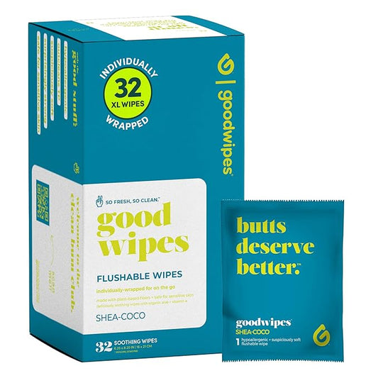 Goodwipes Flushable Wipes – Made with Vitamin E & Aloe – Soft, Individually Wrapped Butt & Feminine Cloths for On-the-Go & Travel Use – Largest Adult Toilet Towelettes – Shea-Coco, 1 pack, 32 count