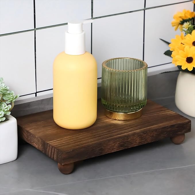 Amyhill Wood Pedestal Stand Kitchen Soap Tray Farmhouse Wooden Riser Stand for Kitchen Bathroom Counter Table Decor Plant Candle Vases Display (Dark Brown, 12 x 7 inch)