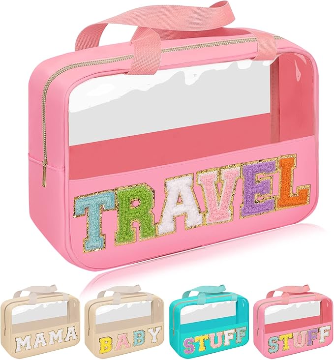 Chenille Letter Patch Travel Bag, Preppy Clear Makeup Cosmetic Bag Large Toiletry Storage Tote Bag with Handle, Transparent Nylon Waterproof Organizer Zipper Pouch for Travel Women Girls(Pink)