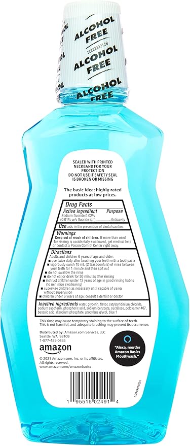 Amazon Basics Fluoride Mouthwash for Adults, Anticavity, Alcohol Free - Refreshing Mint Flavor, 1 Liter, 1-Pack