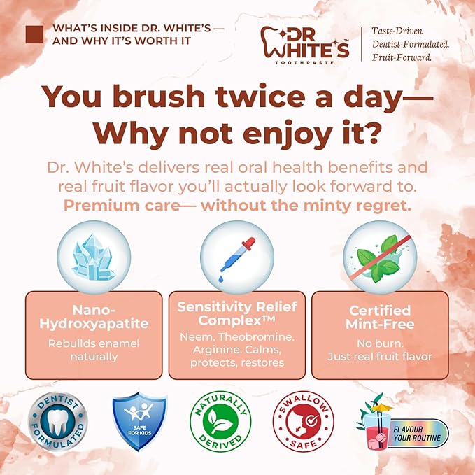 Dr. White’s Fluoride-Free nHA Toothpaste; Dentist-Formulated, Nano Hydroxyapatite + Xylitol, Sensitivity Relief Complex™, Mint-Free, Enamel Safe, Swallow-Safe (3.5 Oz, Sweet Peach)