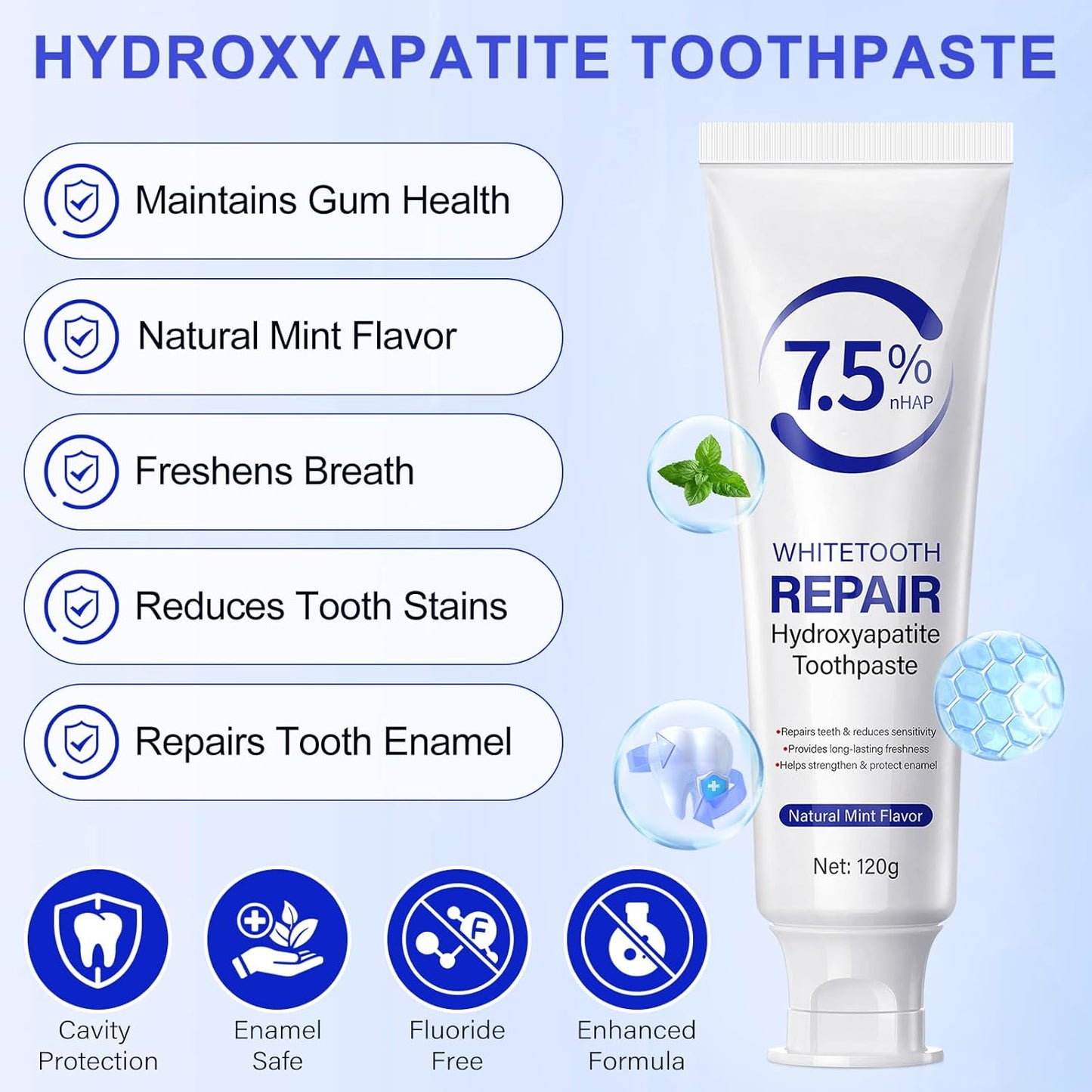 7.9% Nano Hydroxyapatite Toothpaste 2Pcs - Gum Care Strengthen, Repairs Teeth and Reduces Sensitivity, Provides Long-Lasting Freshness, Prevent Cavities, Naturally Whiter Teeth, Fluoride-Free