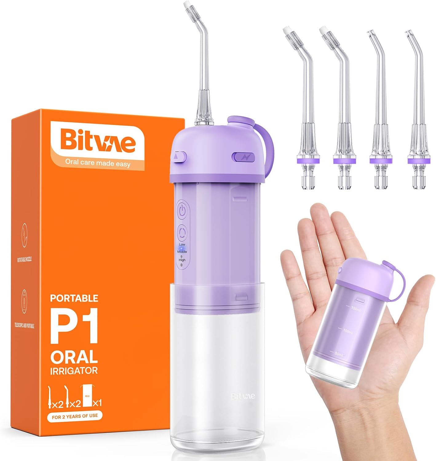 Bitvae P1 Water Dental Flosser, Portable Water Cleaner Picks, Cordless Mini Water Teeth Cleaners with Telescopic Water Tank, IPX7 Waterproof Oral Irrigator, Brace & Sensitive Teeth Care, Purple