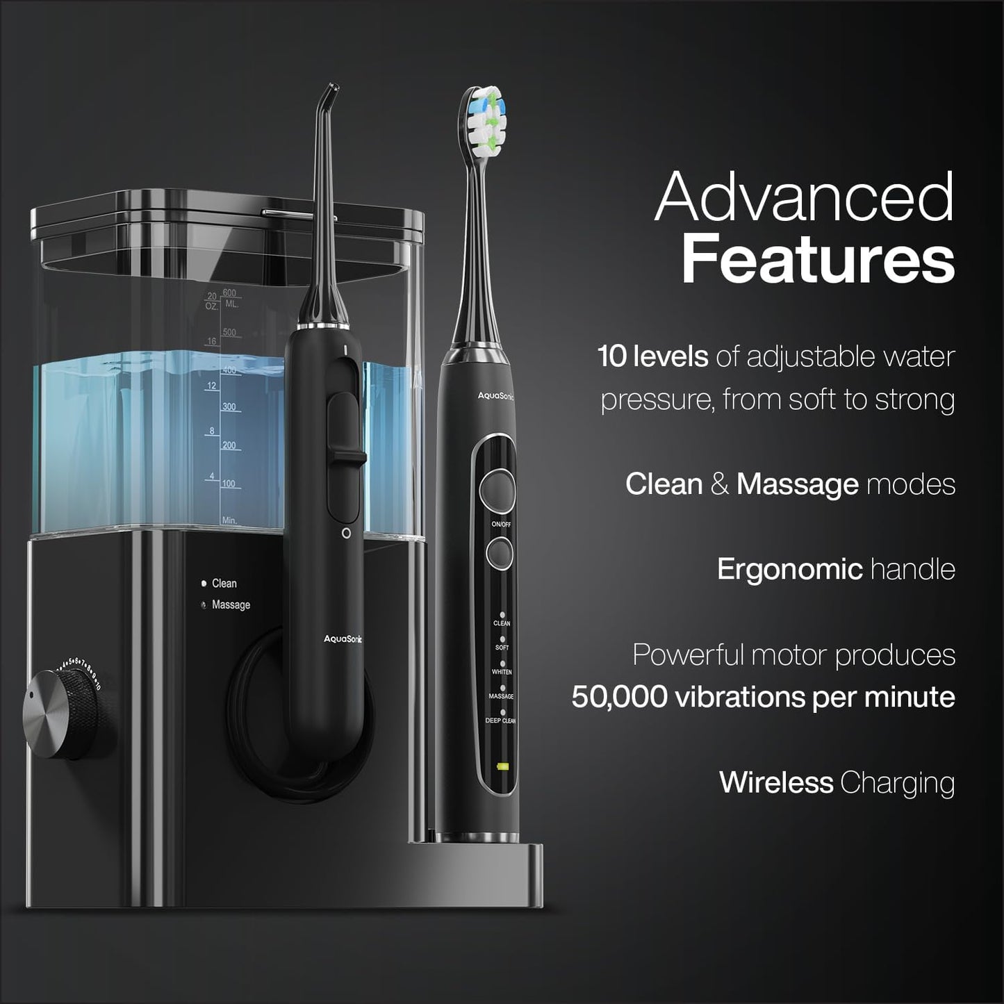 AquaSonic Home Dental Center PRO – Brushing & Flossing Made Easy – Brush & Floss – Power Toothbrush & Water Flosser – Whiter Teeth & Healthier Gums – Black Series Pro+Oral Irrigator
