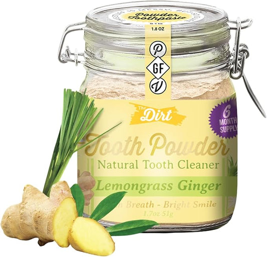The Dirt - Remineralizing Tooth Powder, Natural Fluoride-Free Teeth Whitening Powder with Hydroxyapatite, Flouride & Gluten Free, Organic Vegan (Lemongrass & Ginger, 51g: 6 Month Supply)