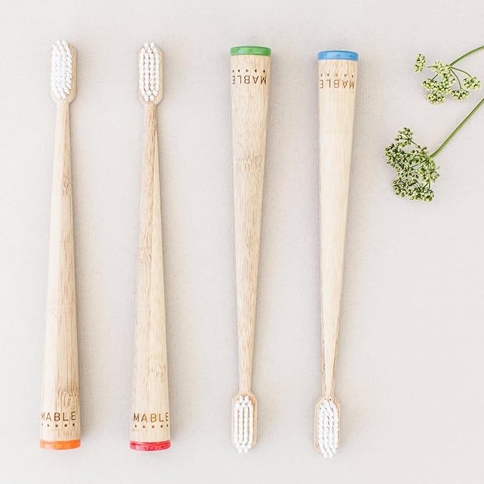 MABLE Four Pack Bamboo Toothbrush for Adult | Medium Bristle Natural Wood Toothbrushes | Eco-Friendly, BPA Free, Compostable Tooth Brush