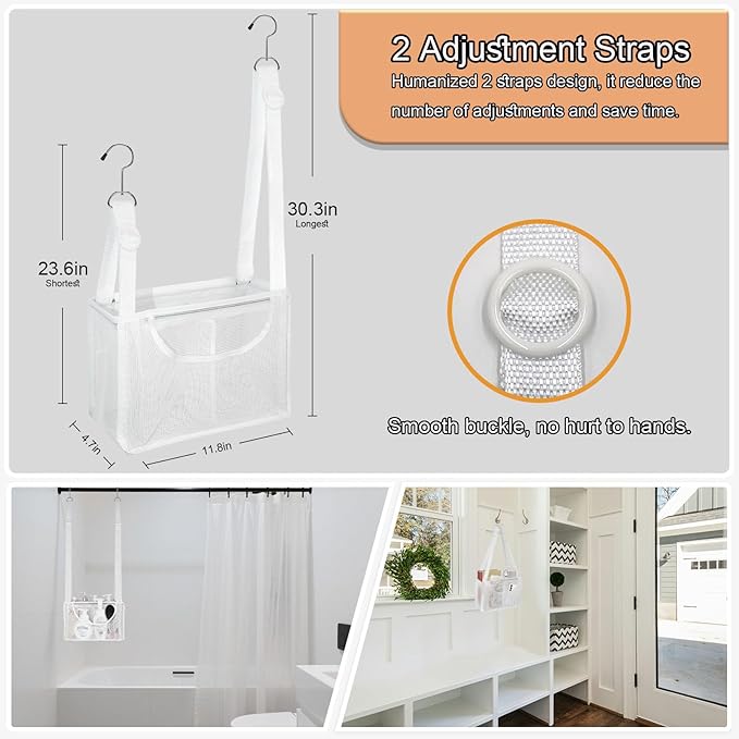 PVC Mesh Hanging Shower Caddy Organizer with 2pc Magnetic Hooks, Portable Adjustable Travel Bathroom Bag with Pockets for RV, Camping, Cruise, Dorm, Gym, White, 12“x5 x7（LxWxH）