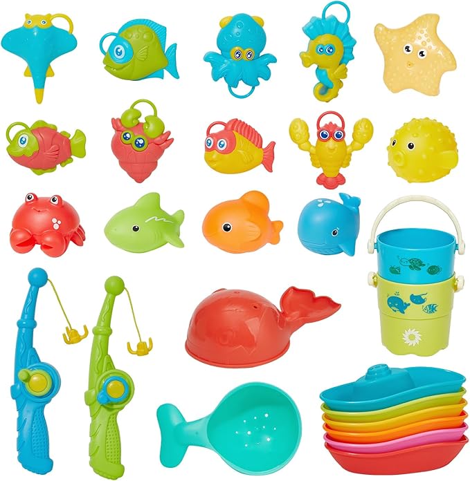 Toddler Bath Toys for Babies, 26 Pcs Mold Free Bathtub Toys with Fishing Rod Floating Boats Spoons Bucket No Hole Sea Animals and Storage Bag, Water Table Pool Toys for Toddlers and Kids