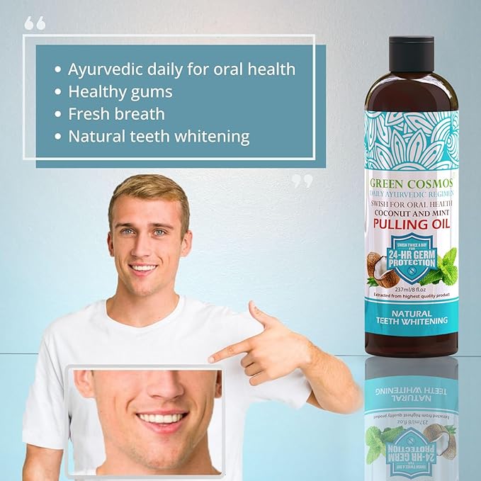 Coconut Mint Pulling Oil Mouthwash, 237ml Natural Teeth Whitening, Ayurvedic Daily Swish for Oral Health Alcohol & Fluoride Free, Healthy Gums, Fresh Breath, Solution for Bad Breath (One Pack)