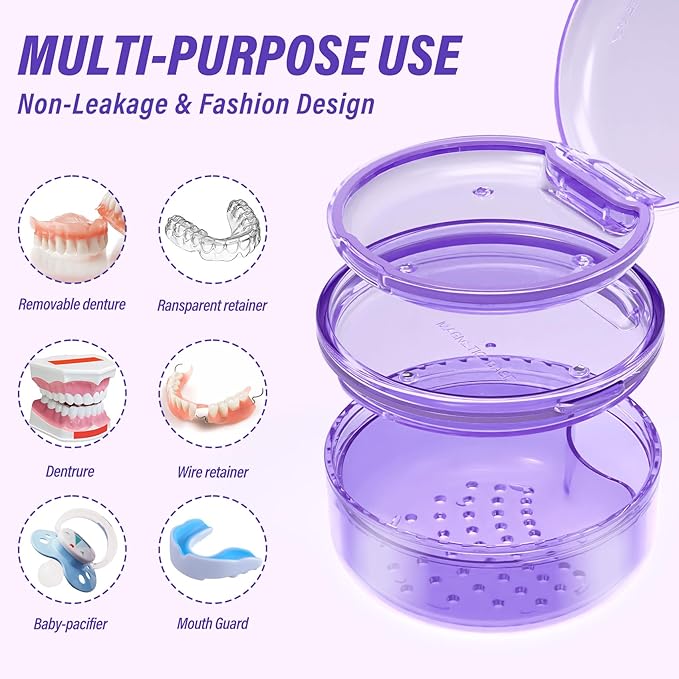 Denture Case Retainer Cleaning Case: 2 in 1 Retainer Case, No-Leak Denture Bath Box Cup, Complete Clean Care for Dentures, Clear Braces, Mouth Guard, Night Guard & Retainers