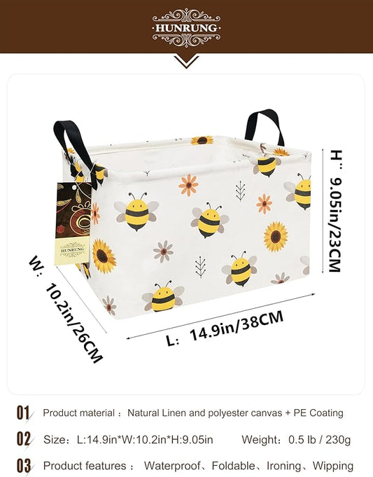 HUNRUNG Rectangle Storage Basket Cute Canvas Organizer Bin for Pet/Children Toys, Books, Clothes Perfect for Rooms/Playroom(REC-Bee)