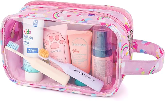 Kids Toiletry Bag for Girls, Travel Clear Toiletry Bag for Little Young Girls Cosmetic Bag Makeup Bag Waterproof Hanging Toddler Wash Bag, Pink Unicorn