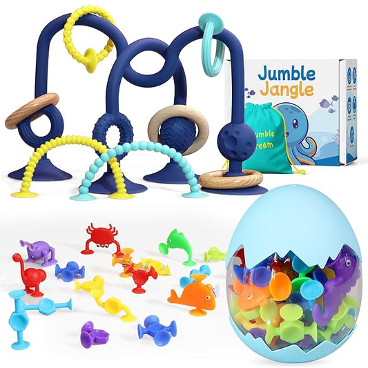 JoySprout Ultimate Suction Toy Bundle: Jangle Teether (6-12M) & 30PC Ocean Animals (1-3T) Sensory Set