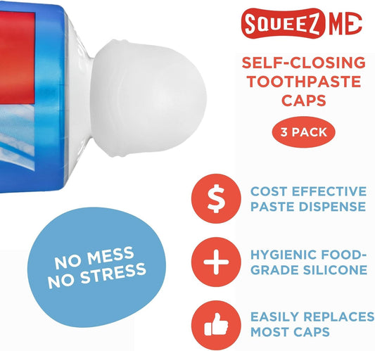 Chrome Cherry SqueezMe Self-Closing Toothpaste Caps, Silicone Lid for Kids & Adults, No Mess Toothpaste Dispenser, Self-Standing Easy Squeezer Cap, Bathroom Accessory, Clear, Pack of 3