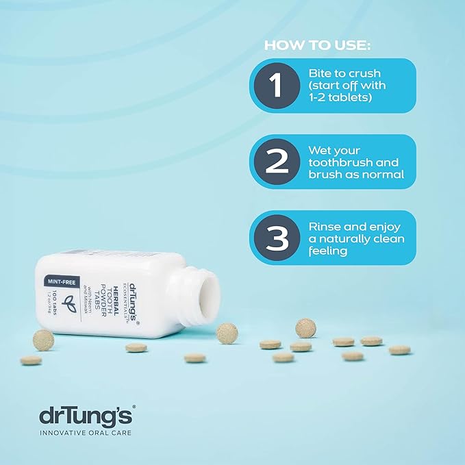 drTung's Herbal Toothpaste Tablets - Toothpaste Tabs for Dry Mouth Relief, Natural Tooth Powder Tablets for Fresh Breath, Fluoride Free, Travel Size, Vegan, Non-GMO - Mint-Free (100 Tabs)