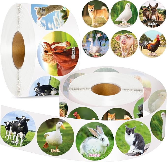 1200 Pcs Farm Animal Stickers for Kids 2 Roll Nature Stickers Cute Roll Sticker for Teacher Reward School Supplies Incentives (16 Styles)