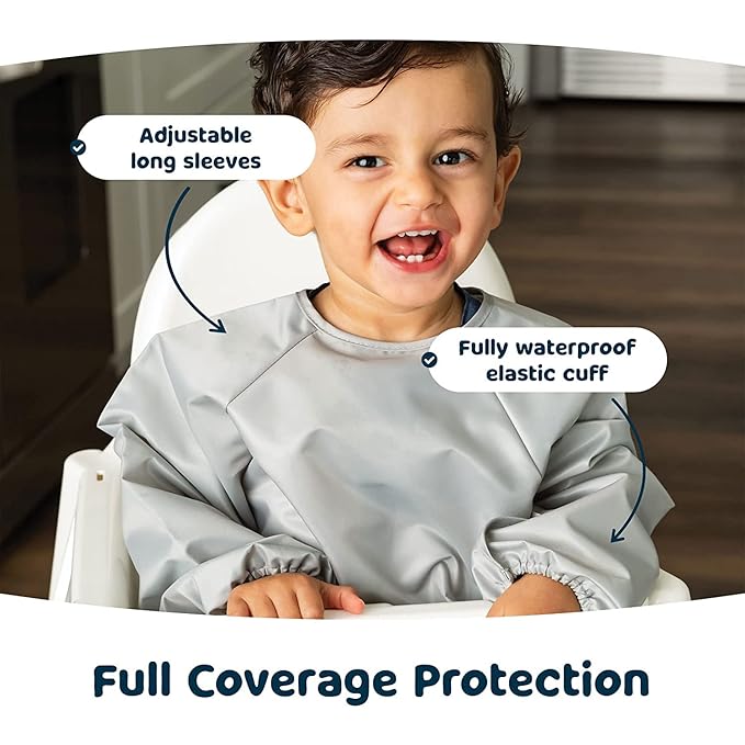 Tiny Twinkle Long Sleeve Bib for Babies & Toddlers – 2 Pack Waterproof Smock Bibs for Eating – Machine Washable & Mess-Proof, Baby Feeding Essential & Shower Must-Have (Grey Indigo,6–24M)