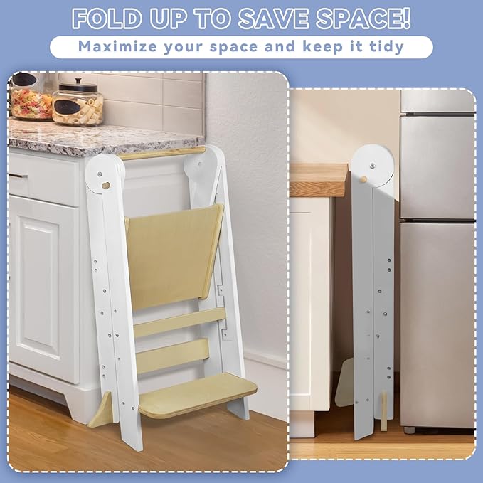 Foldable Toddler Kitchen Tower with Safety Rail, 3-Level Height Adjustable Montessori Kitchen Step Stool Helper, Standing Tower for Kids 2-6 Years, Toddler Helper Stool for Bathroom