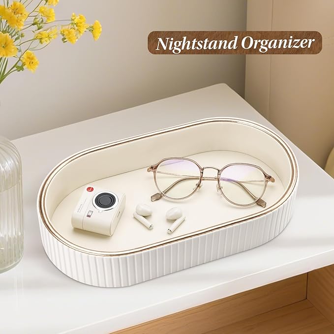 GORESE Oval Vanity Tray Perfume Organizer, PU Leather Valet Jewelry Trays Nightstand Organizer Key Bowl Trinket Dish for Entryway Dresser Bedside, Catchall Trays for Men Women, 11×5.9 in, Cream White