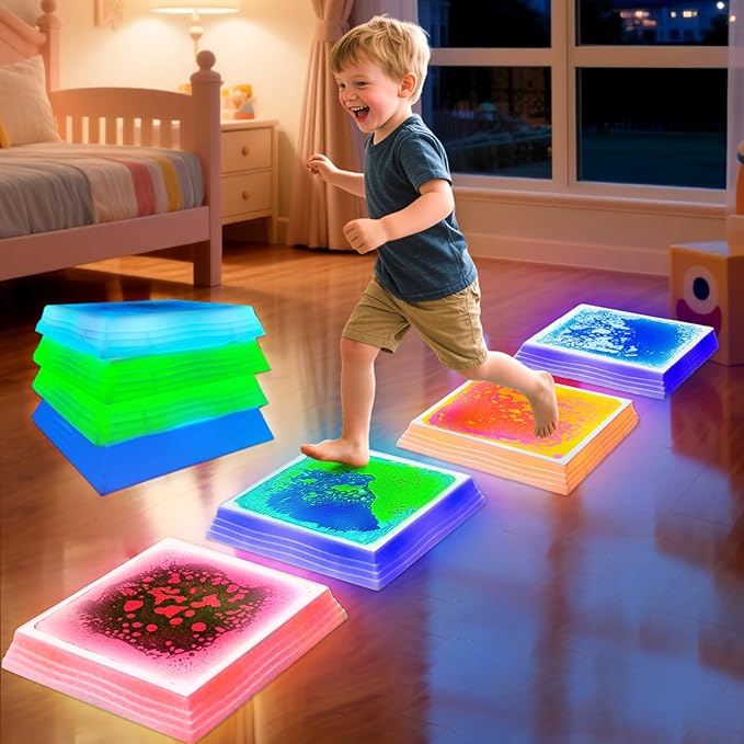 Light Up Sensory Floor Tiles for Kids - 12x12 Inch Liquid Sensory Play Mat with 7 Colors Led Lights, Non-Slip Puzzle Mat for Home and Classroom, Autism Sensory Toys for Toddlers Ages 3-7 (Pack of 4)
