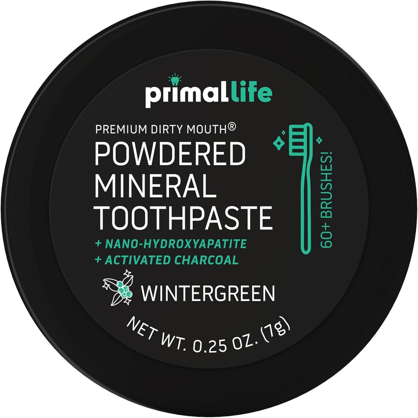 Primal Life Organics - Dirty Mouth Toothpowder, Activated Charcoal Tooth Cleaning Powder, Essential Oils Natural Kaolin Bentonite Clay, 60+ Brushings, Organic Vegan (Charcoal Wintergreen, 0.25 oz)