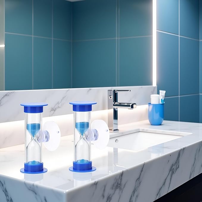 2Pcs Blue Toothbrush Timer for 2mins Sand Clock Timer 2 Minute Sand Timer, Plastic Suction Cup Hourglass Sandglass Desktop Ornament Party Favors Kitchen Utensils and Gadgets