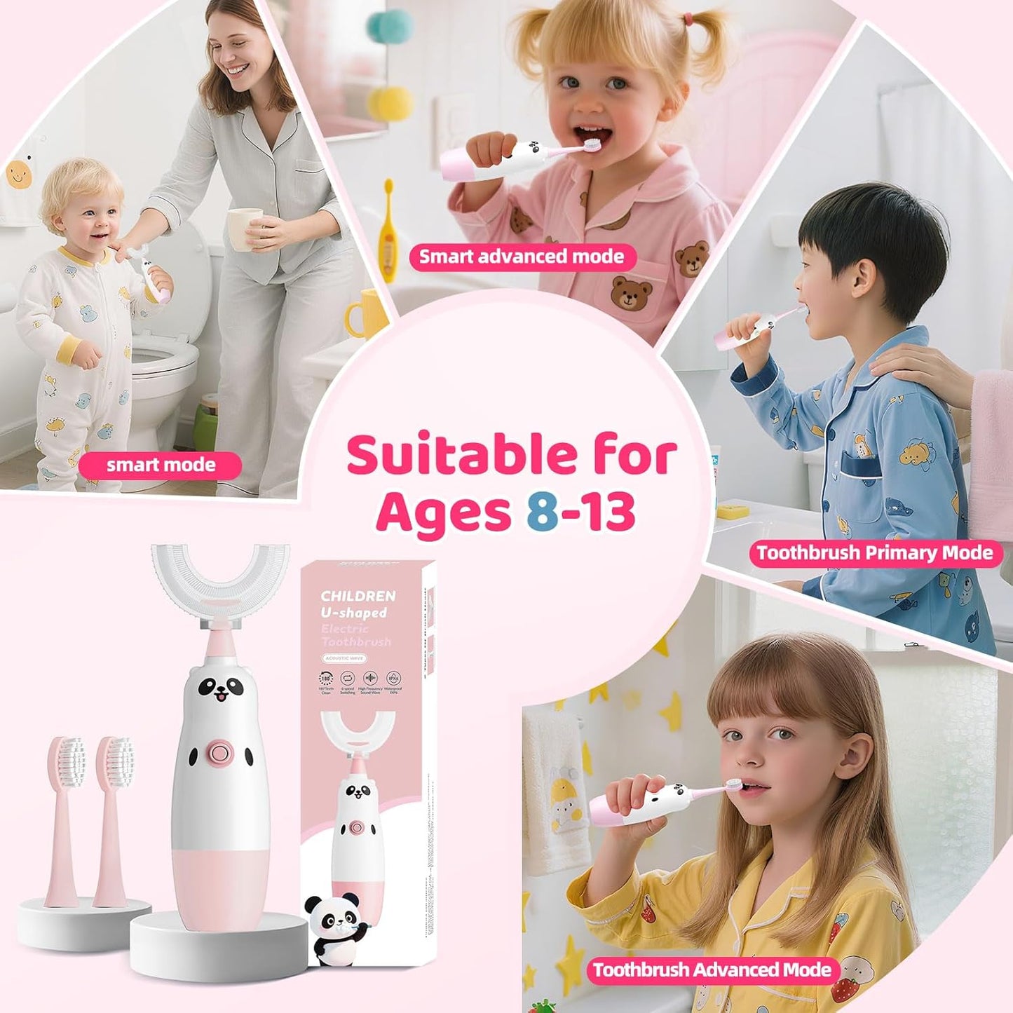 Kids U-Shaped Electric Toothbrush with 2 Brush Heads, Toddlers Sonic with 360 Degree Cleaning, Soft Bristles, Battery Included, IPX7 Waterproof, Cute cartoon for Girls and Boys, Ages 8-13 (Pink)
