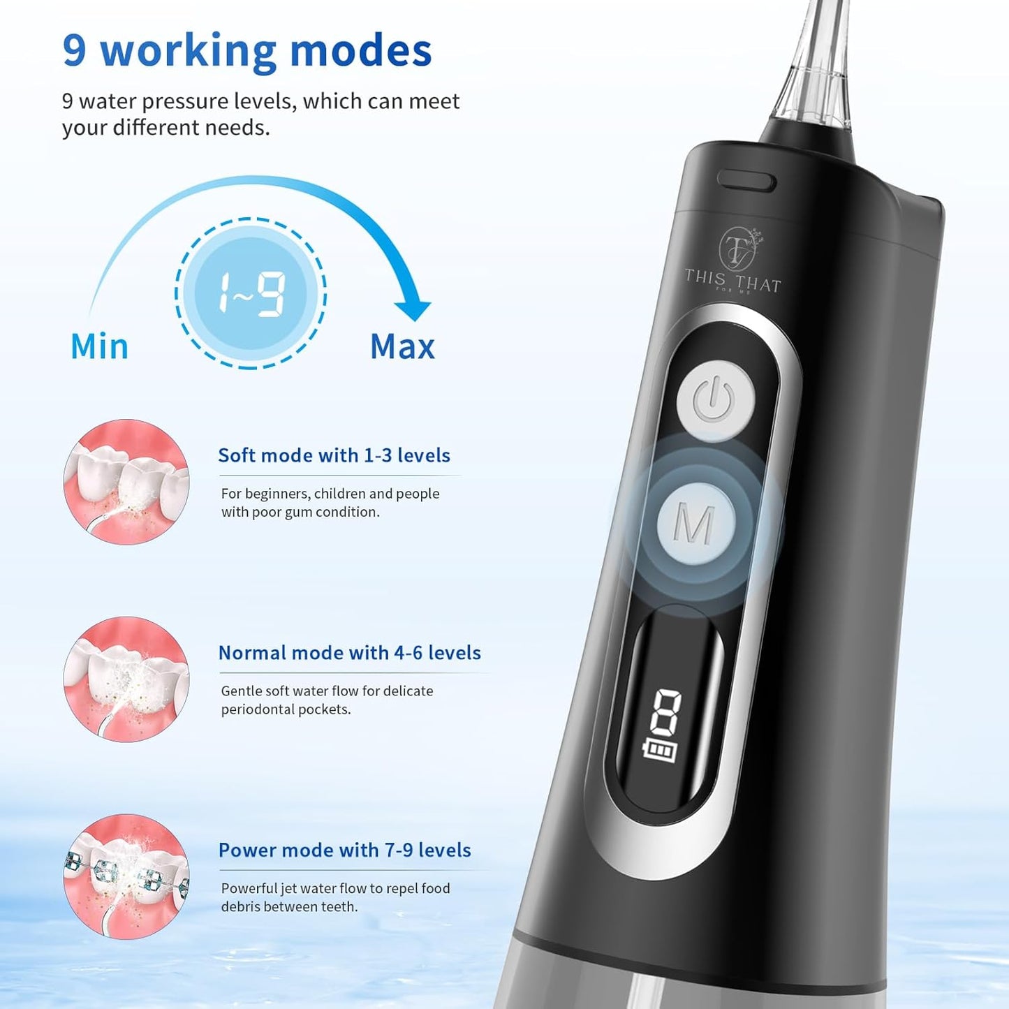 TTFM Dental Electric Water Flosser for Teeth Gums Braces, Dental Portable Flosser, 9 Pressure Modes, 300ml Tank Capacity, Rechargeable IPX7 Waterproof Teeth Cleaner